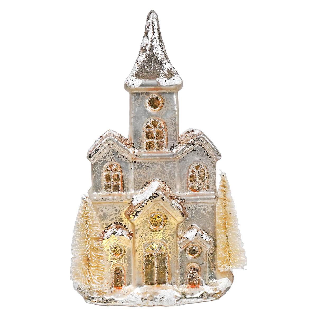 Lighted Gold & Ivory Mercury Glass Church - Christmas