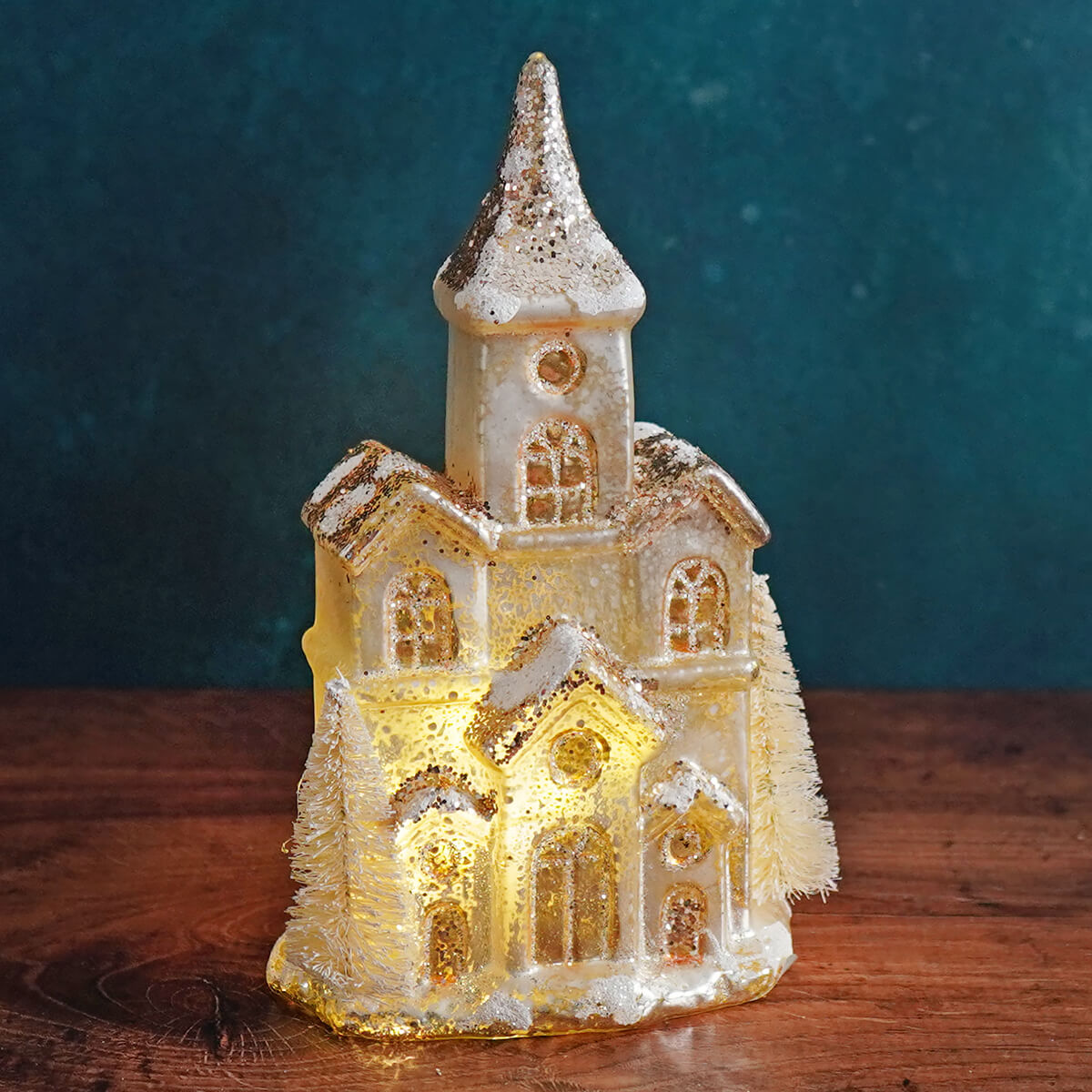 Lighted Gold & Ivory Mercury Glass Church - Christmas