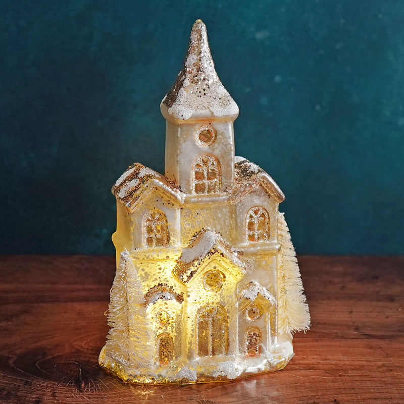 Ivory Church Lighted Gold & Ivory Mercury Glass Church by RAZ Imports – Traditions