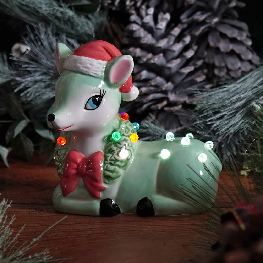 Lighted Green Ceramic Reindeer - Christmas