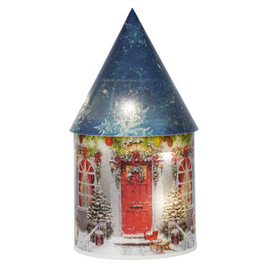 A festive blue house luminary with a conical roof and illuminated windows perfect for christmas lighted tabletop decor
