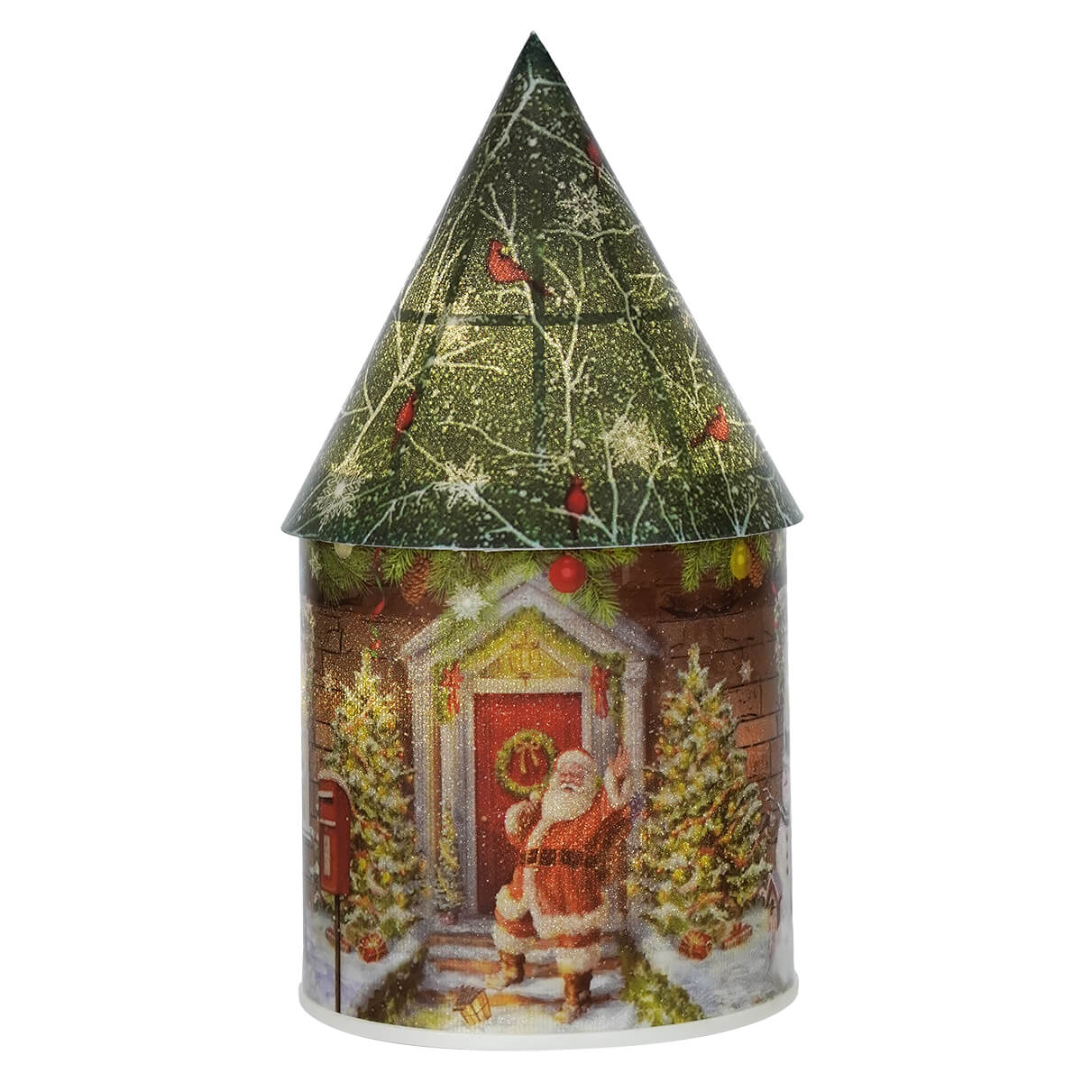 Lighted holiday design green house luminary with timer featuring christmas green house and santa claus at the door
