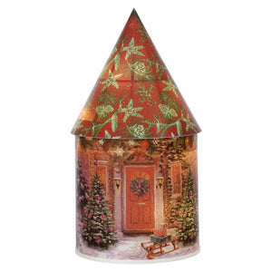 Festive red house luminary with timer featuring a pine cone and star decorated conical lid for christmas lighted tabletop decor