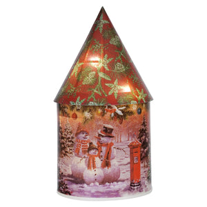 Red house luminary with timer featuring festive pinecone roof and snowmen scene for christmas lighted tabletop decor