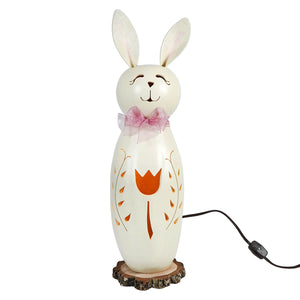 Lighted large tall white poppy bunny ceramic lamp with pink bow and tulip design on wooden base by meadowbrooke gourds