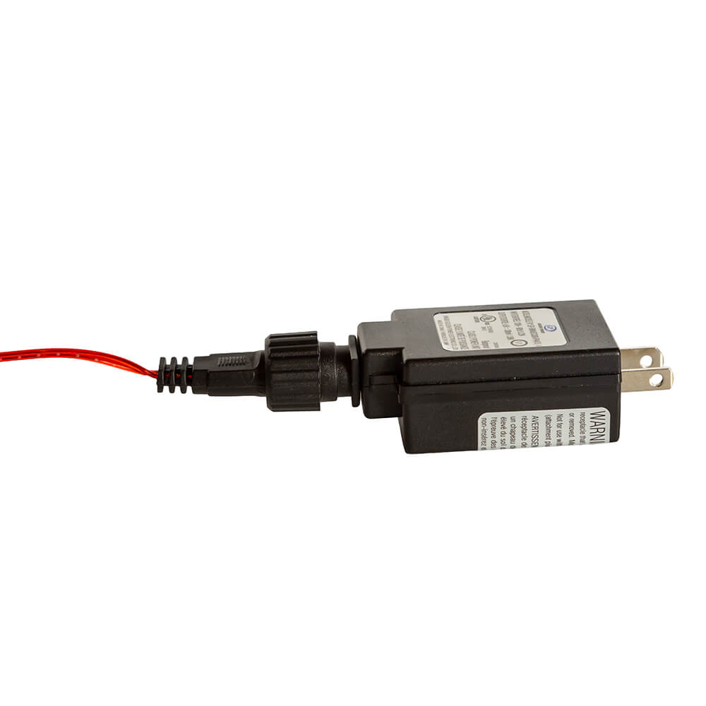 Power adapter or transformer with a red wire and electrical plug.