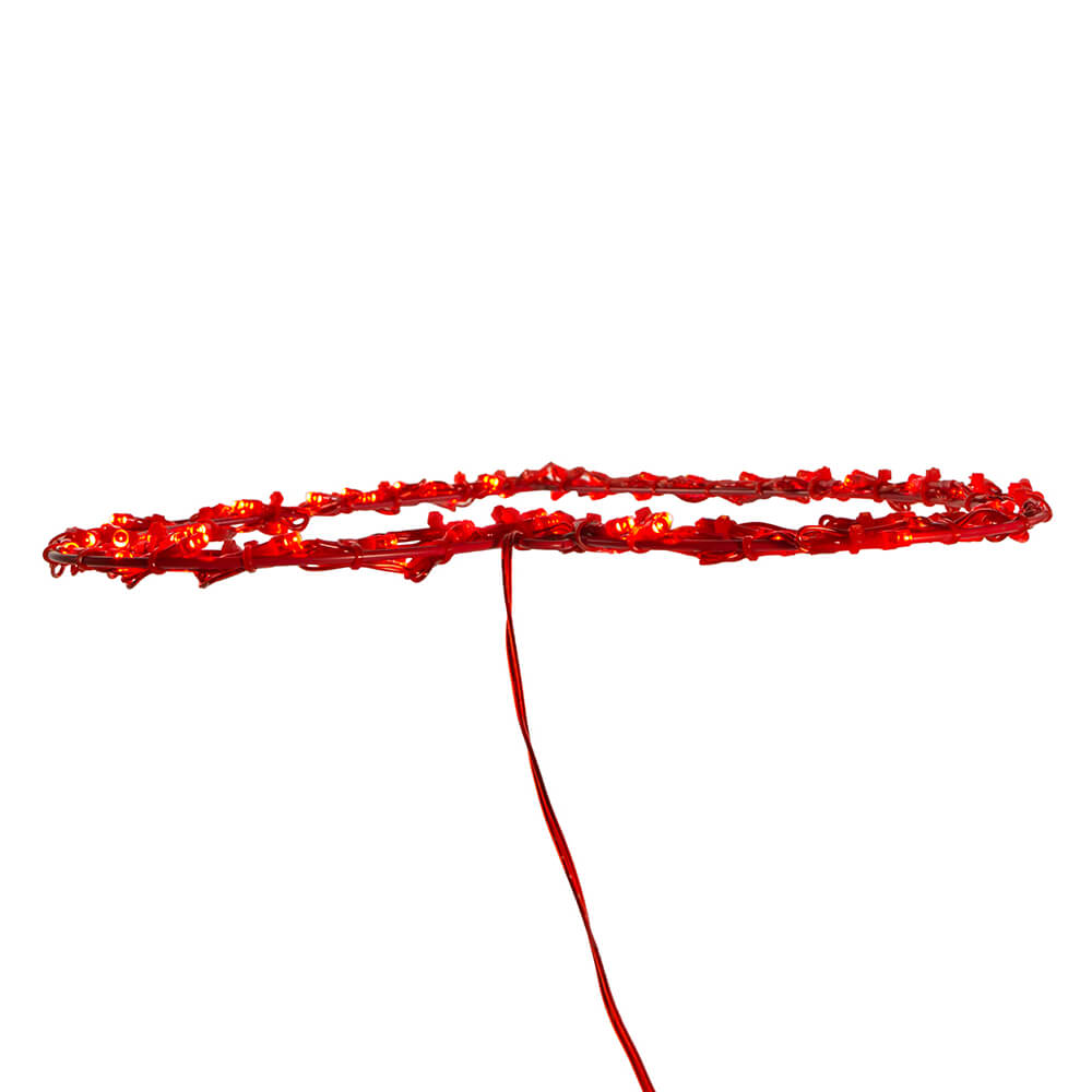 Red beaded necklace or bracelet with a dangling string.