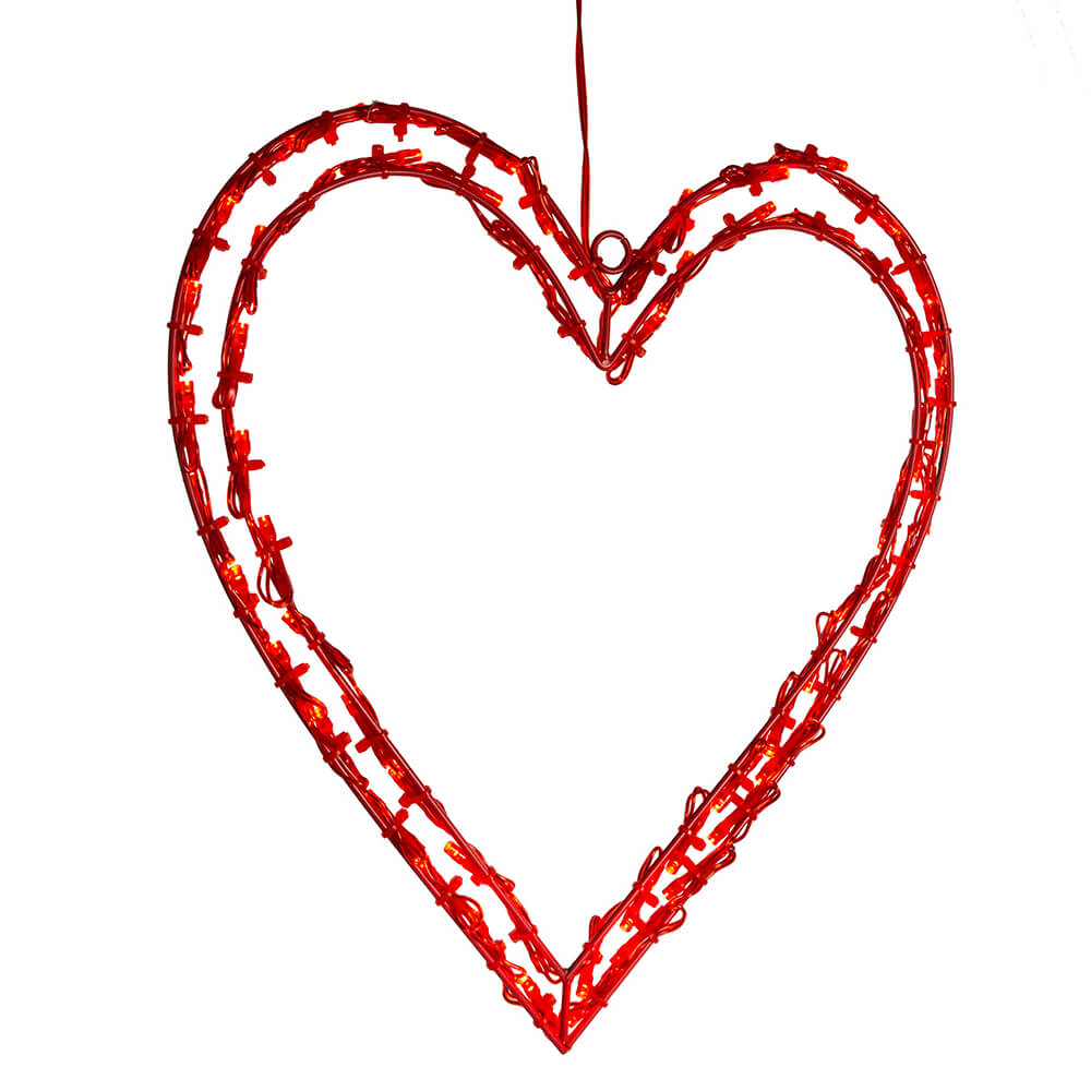 Red wire heart-shaped ornament with small lights.