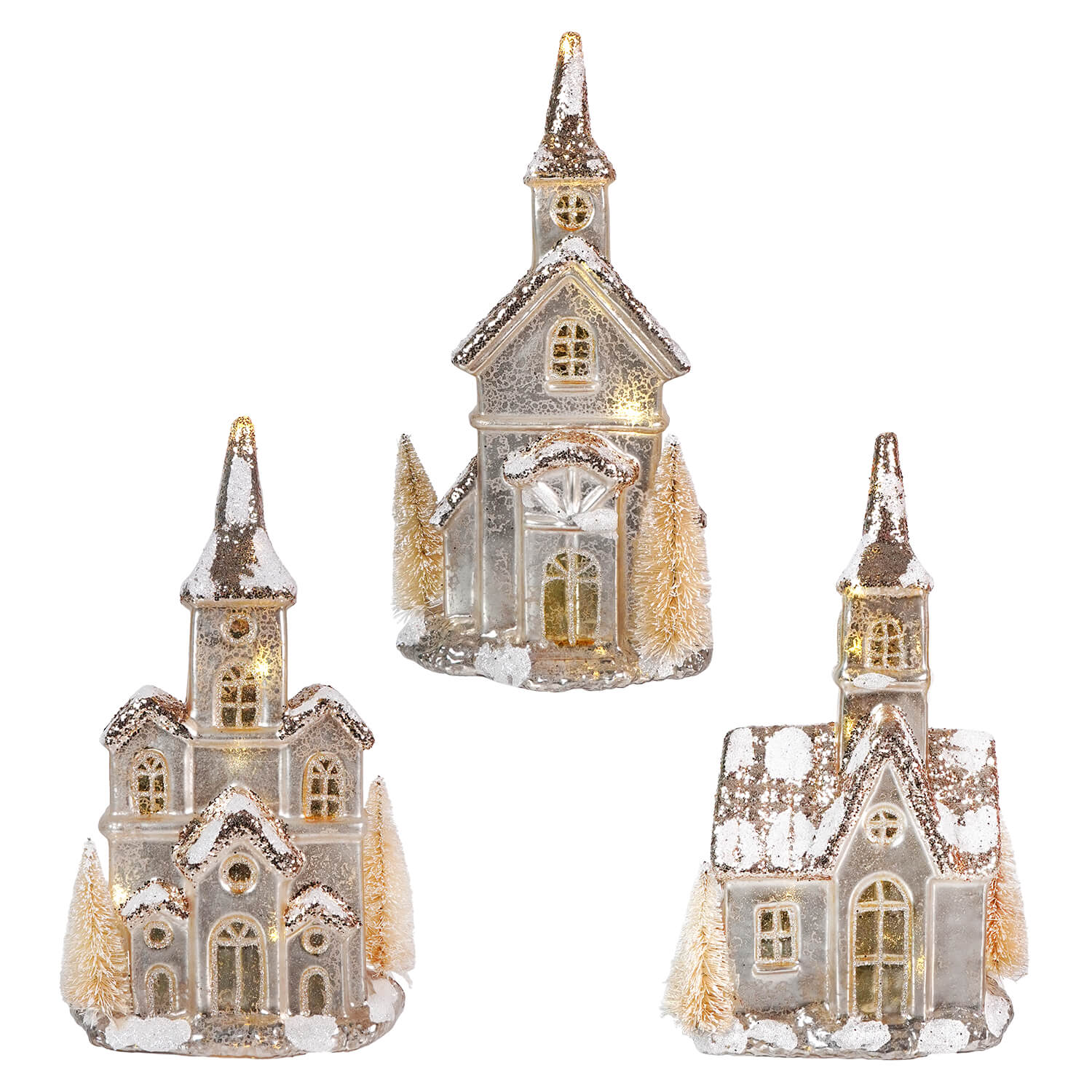 Decorative miniature church ornaments with glittery, snow-covered details.