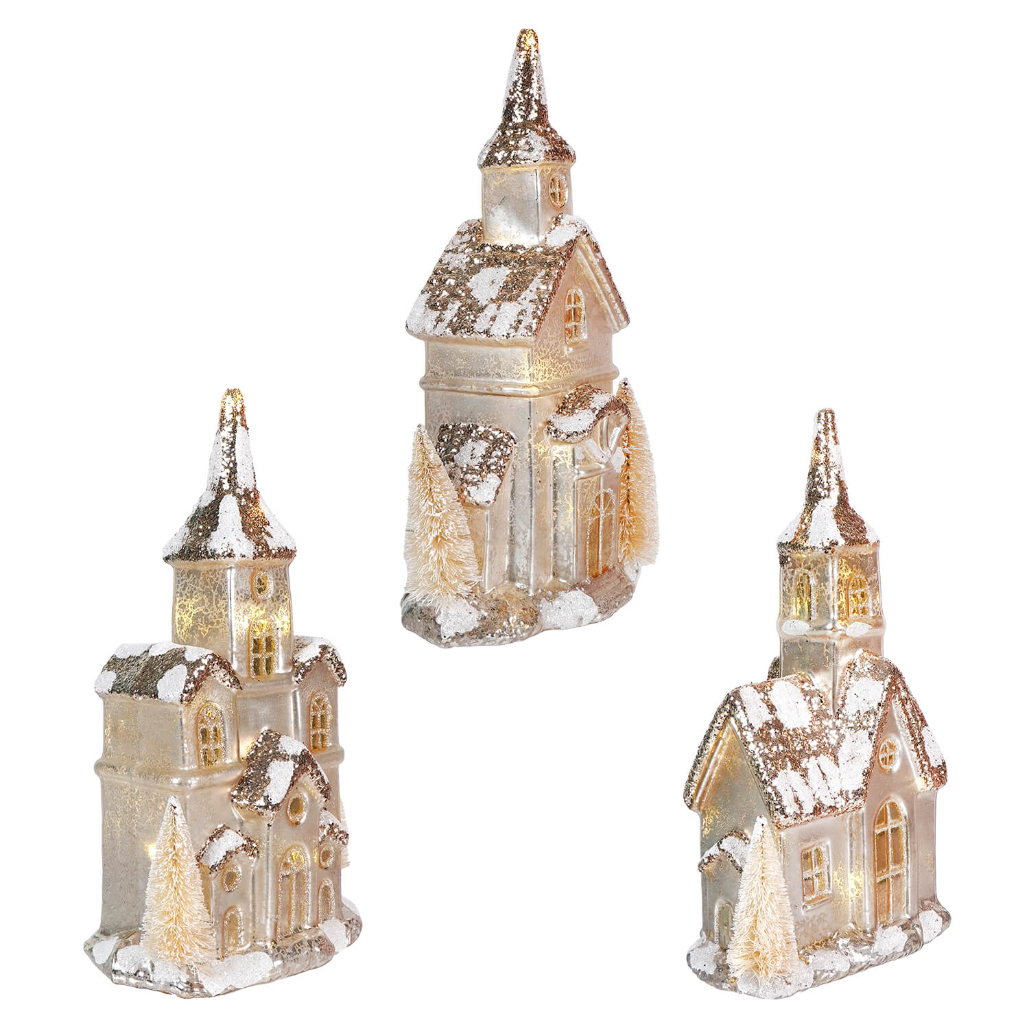 Set of three decorative miniature winter church ornaments with glittery snow accents.