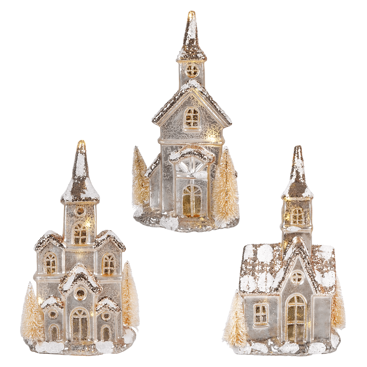 Decorative miniature church ornaments with glittery, snowy details.