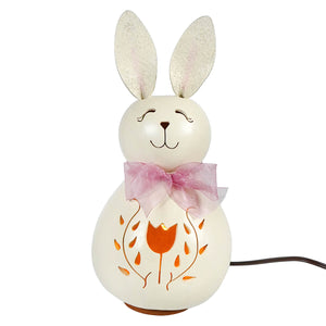 White poppy bunny ceramic lamp with glittery ears and tulip cutout glows from within by meadowbrooke gourds