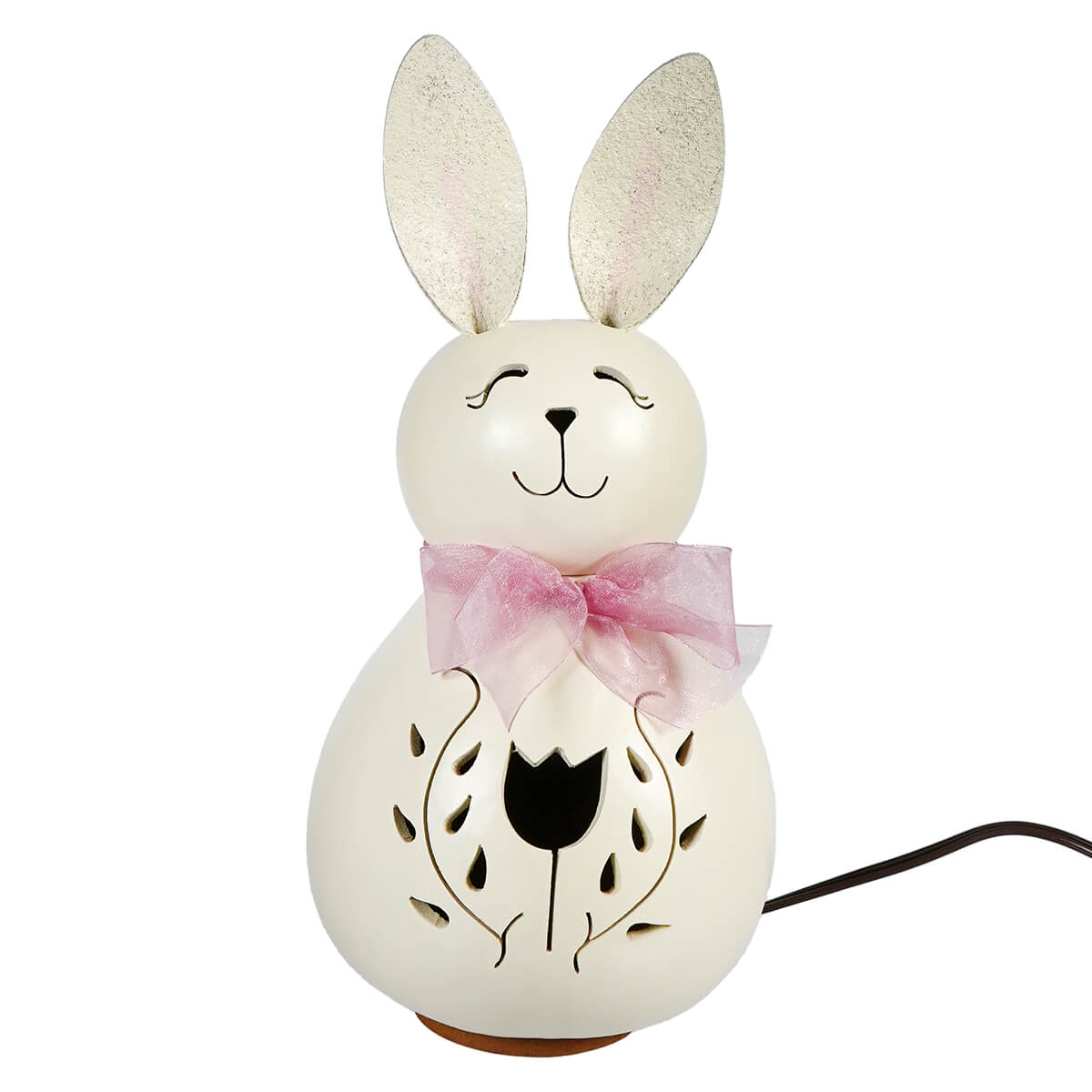 Lighted medium white poppy bunny gourd ceramic lamp with pink bow and tulip vines cutout by meadowbrooke gourds
