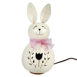 Lighted medium white poppy bunny gourd ceramic lamp with pink bow and tulip vines cutout by meadowbrooke gourds
