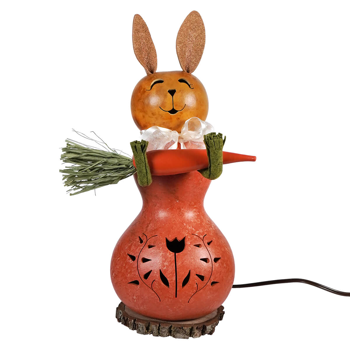 Handcrafted orange willow bunny gourd lamp with tulip cutout holding carrot perfect as easter bunny decor