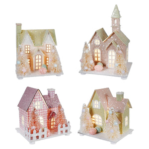 Lighted pastel easter houses set of 4 decorative pastel-colored ceramic village houses with timer for easter lighted decor