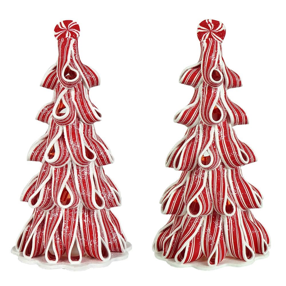 Lighted Peppermint Ribbon Trees Set/2