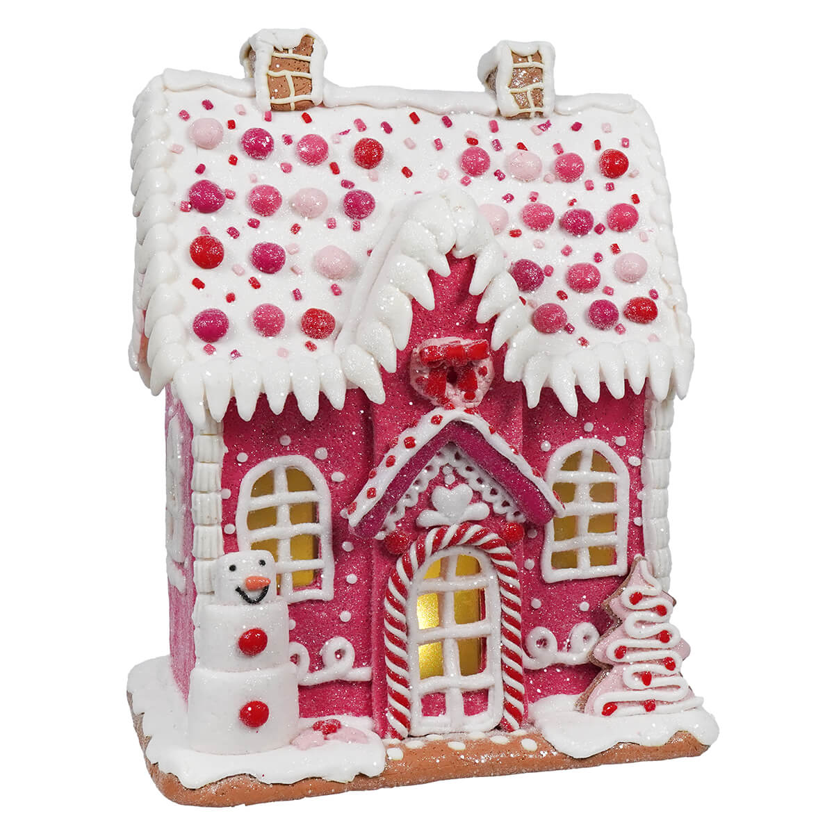 Lighted Pink Gingerbread House With Snowman - Christmas