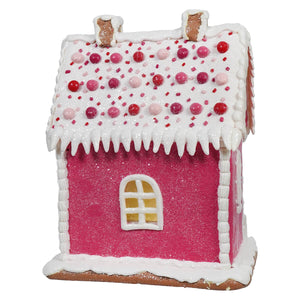Lighted Pink Gingerbread House With Snowman - Christmas