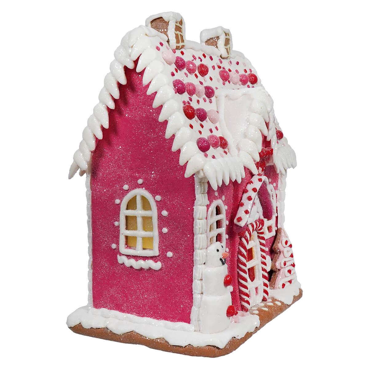 Lighted Pink Gingerbread House With Snowman - Christmas