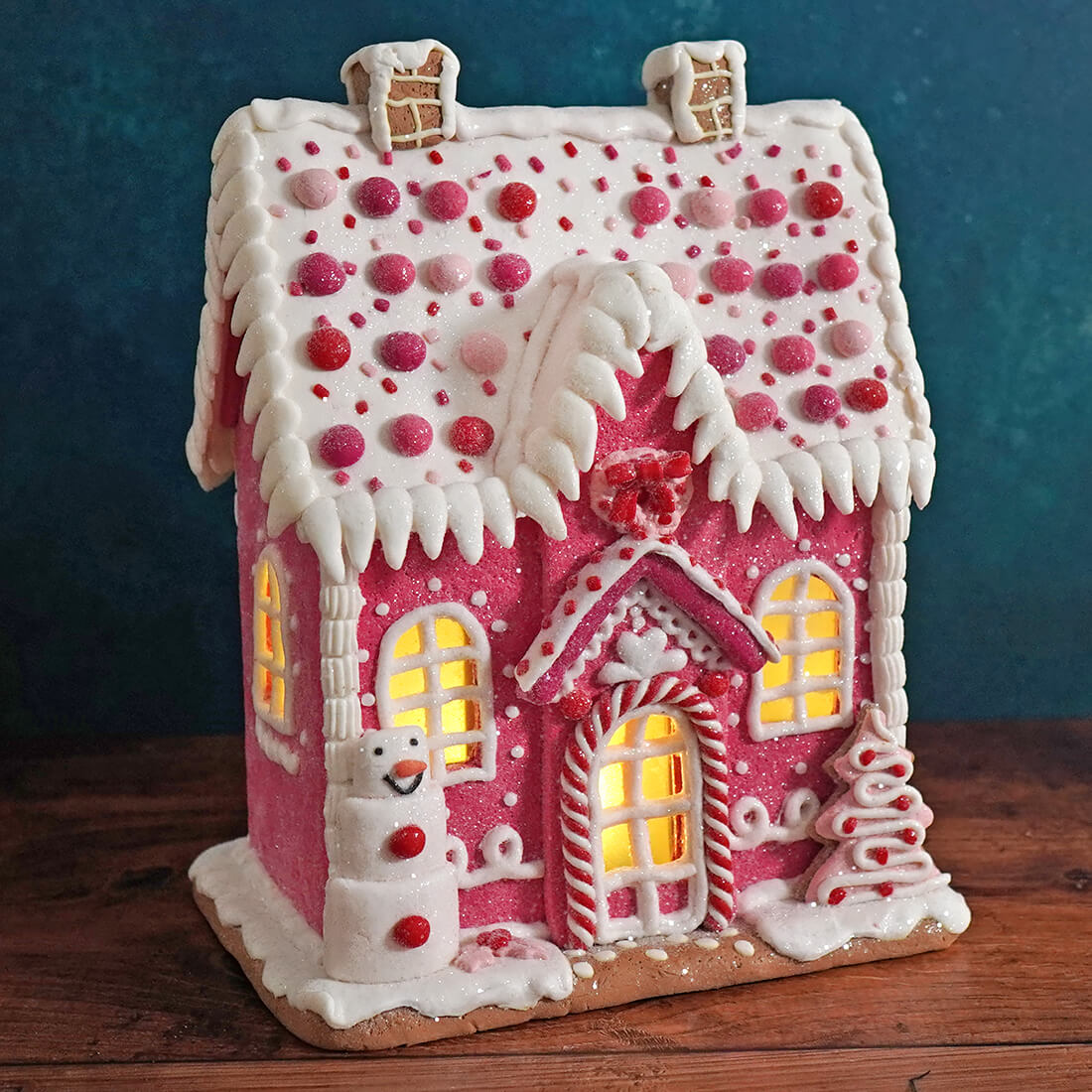 Lighted Pink Gingerbread House With Snowman - Christmas