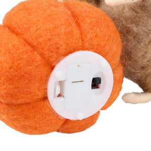 Back of orange plush lighted pumpkin mouse critter with white battery compartment from kathys halloween collection