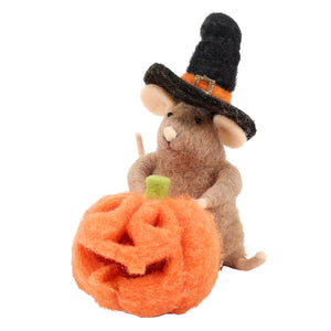 A needle-felted mouse critter wearing a black witch hat sits beside an orange felt jack-o-lantern from kathys halloween collection