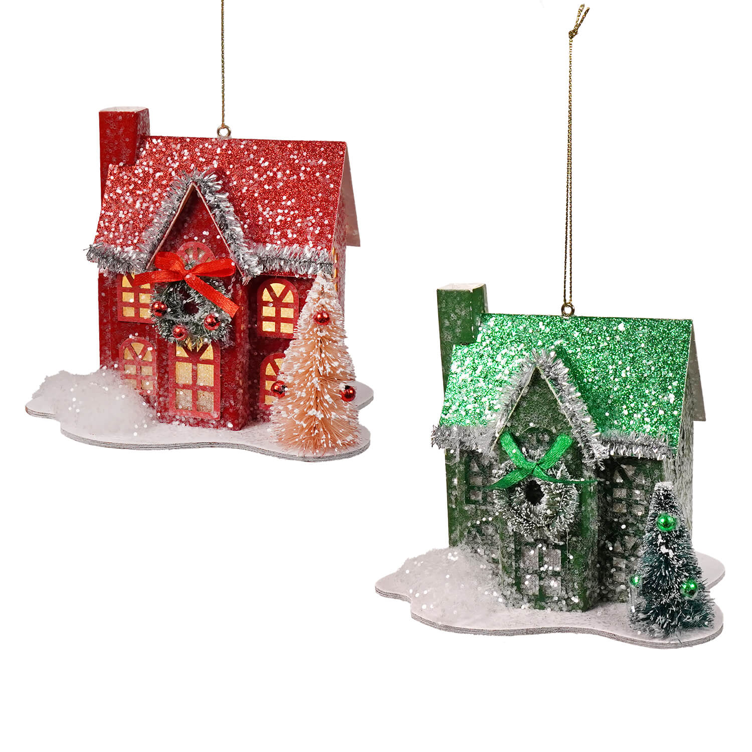Lighted red and green holiday lane house ornaments set 2 with glittery snow-dusted roofs and festive wreaths