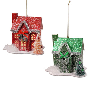 Lighted red and green holiday lane house ornaments set 2 with glittery snow-dusted roofs and festive wreaths
