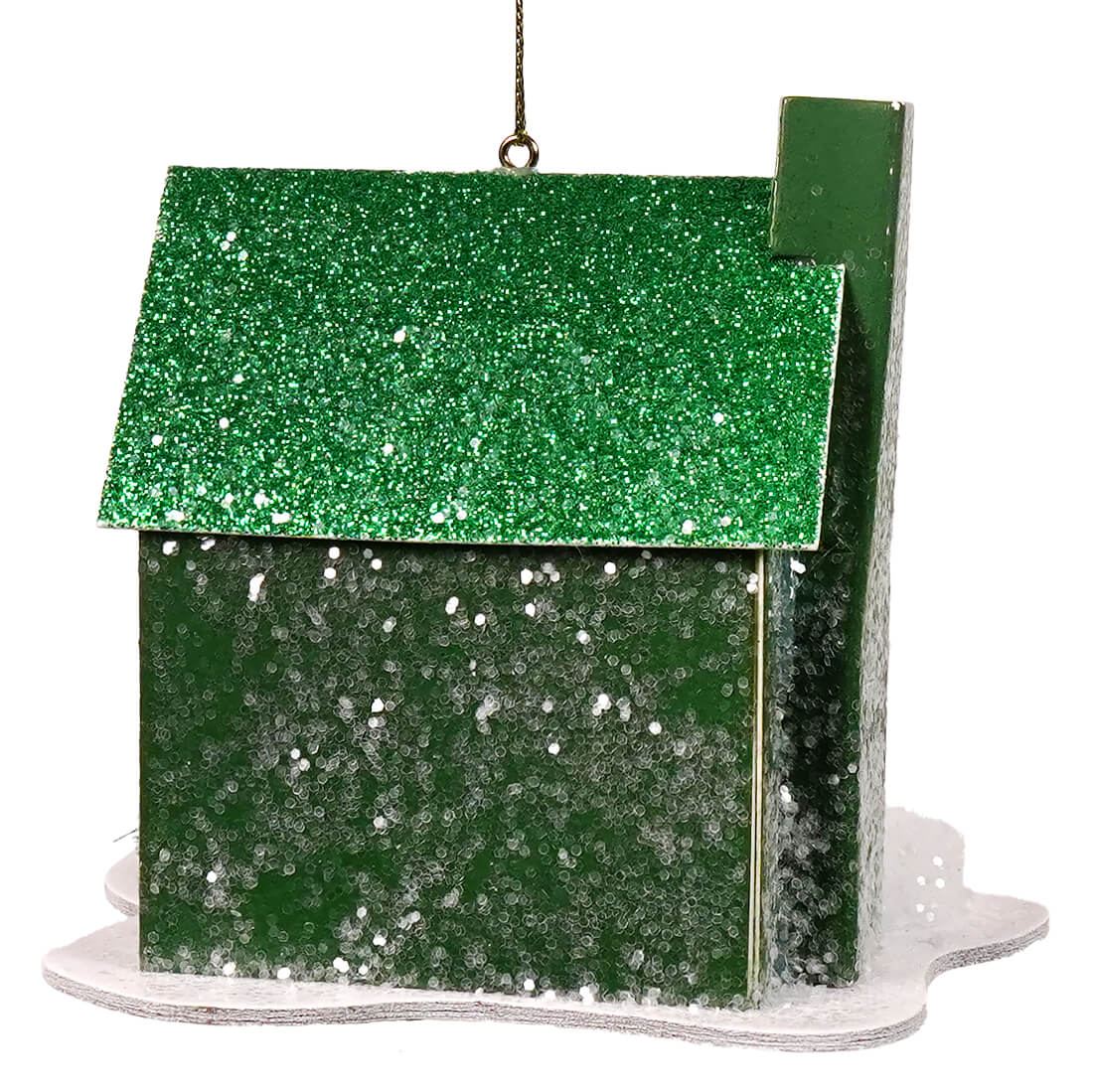 Green glittery holiday lane house ornament with snowy base from lane house ornaments set for festive decor