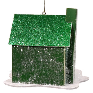 Green glittery holiday lane house ornament with snowy base from lane house ornaments set for festive decor
