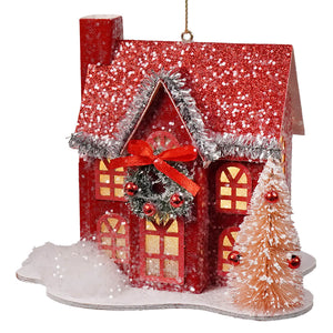 Red glittery lane house ornament with silver tinsel and red bow from lighted red and green holiday lane house ornaments set