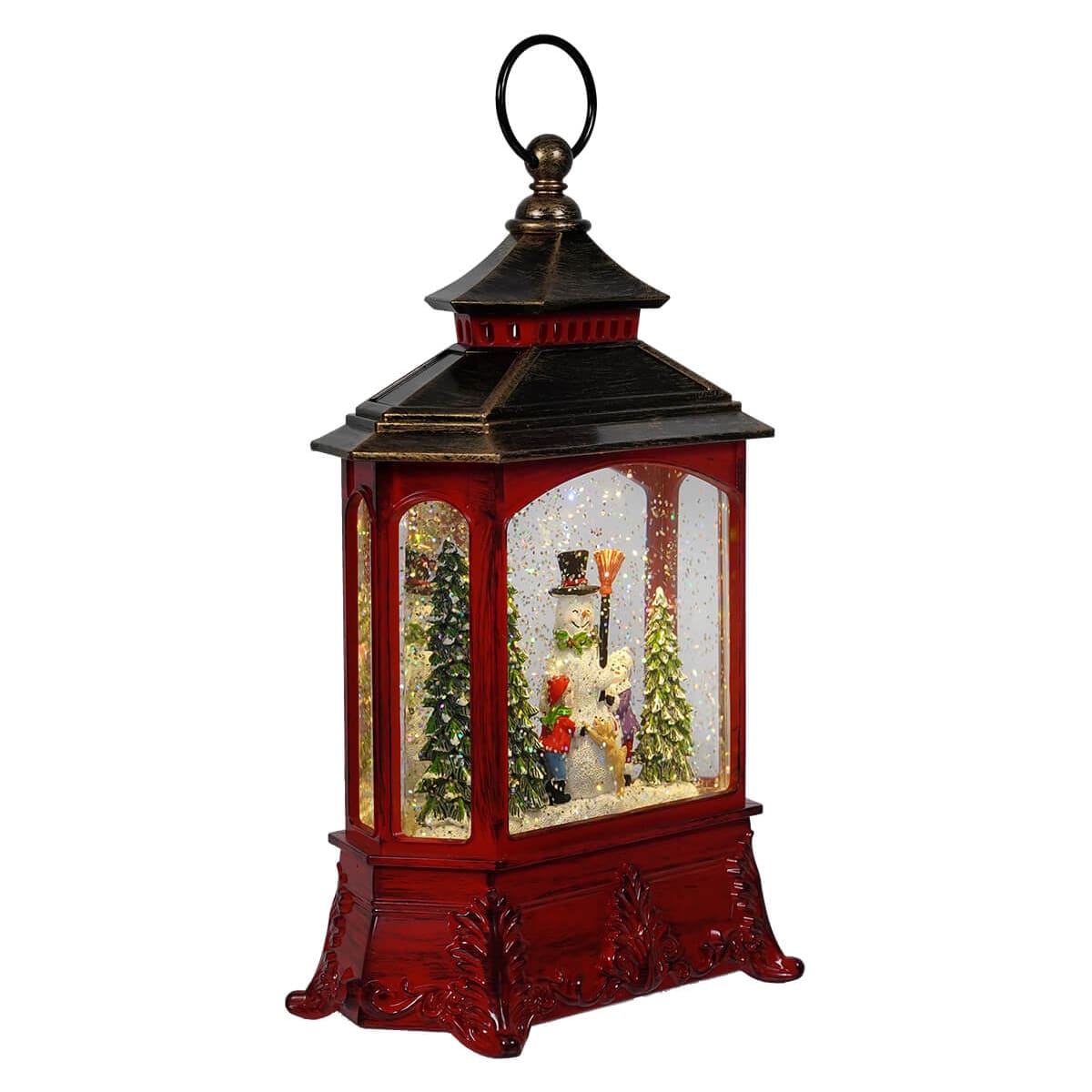 Lighted Red Holiday Snowman Scene Spinning Water Globe Lantern