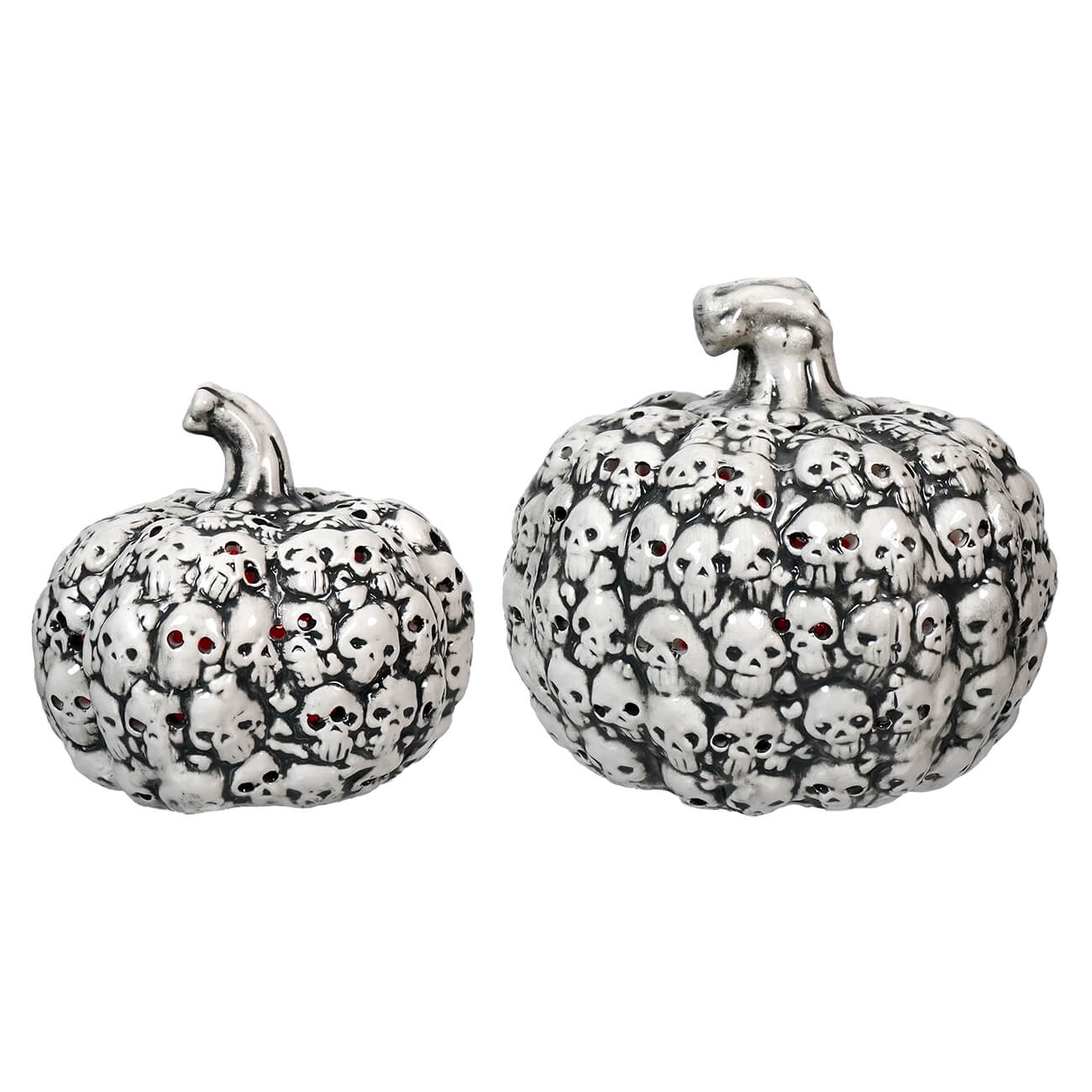 Two decorative pumpkins covered in skull patterns.