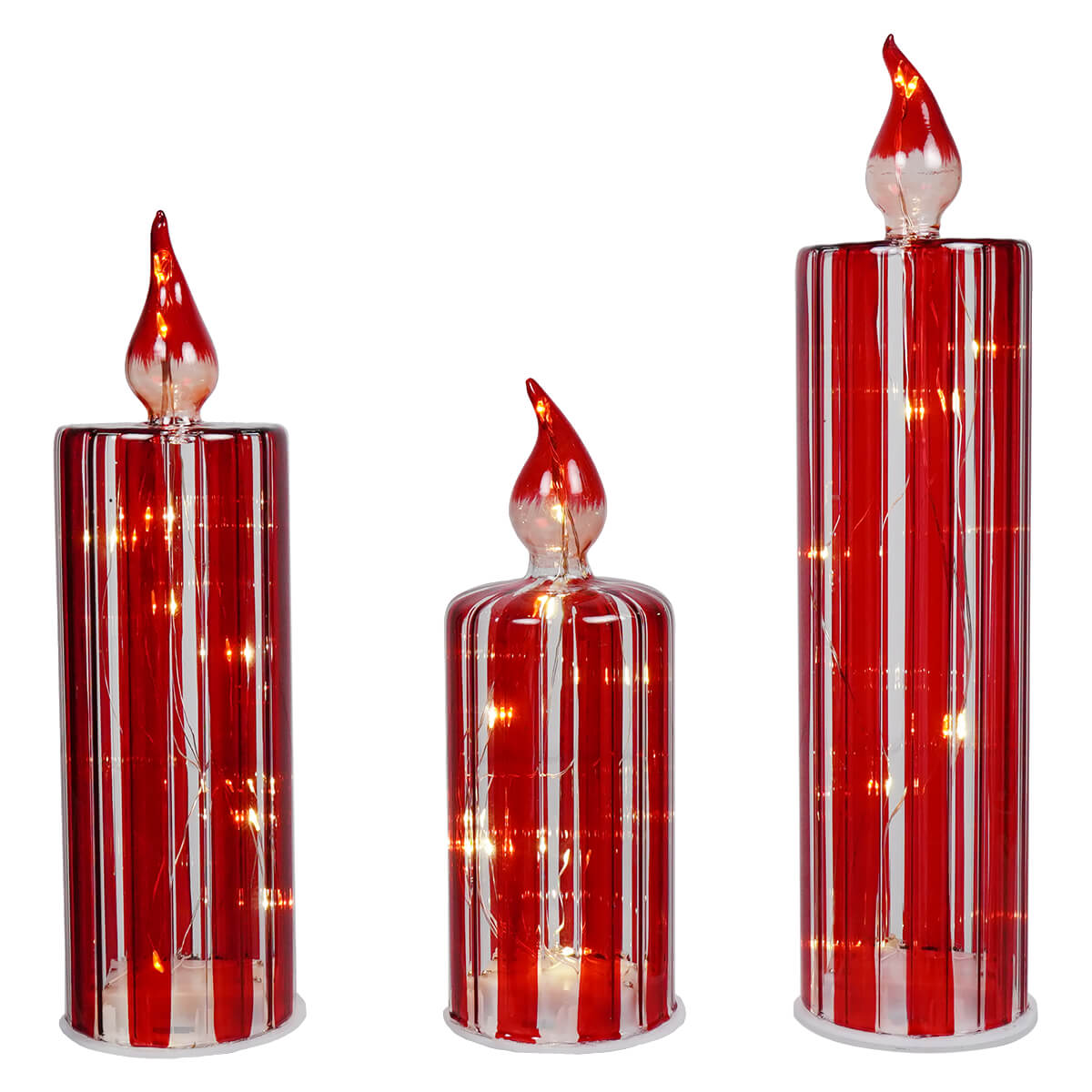 Lighted Red & White Striped Glass Candle Decor Set/3 - Christmas