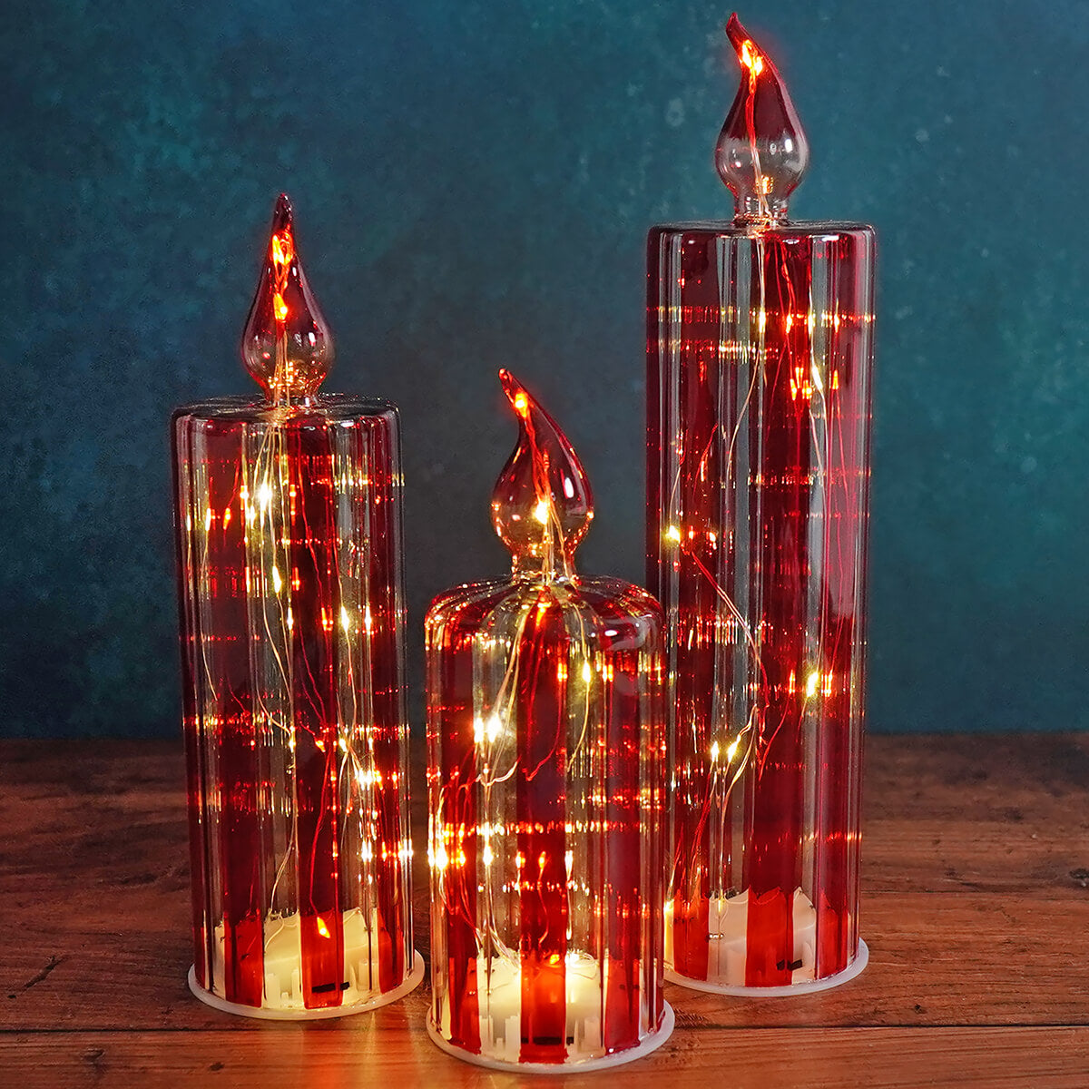 Lighted Red & White Striped Glass Candle Decor Set/3 - Christmas