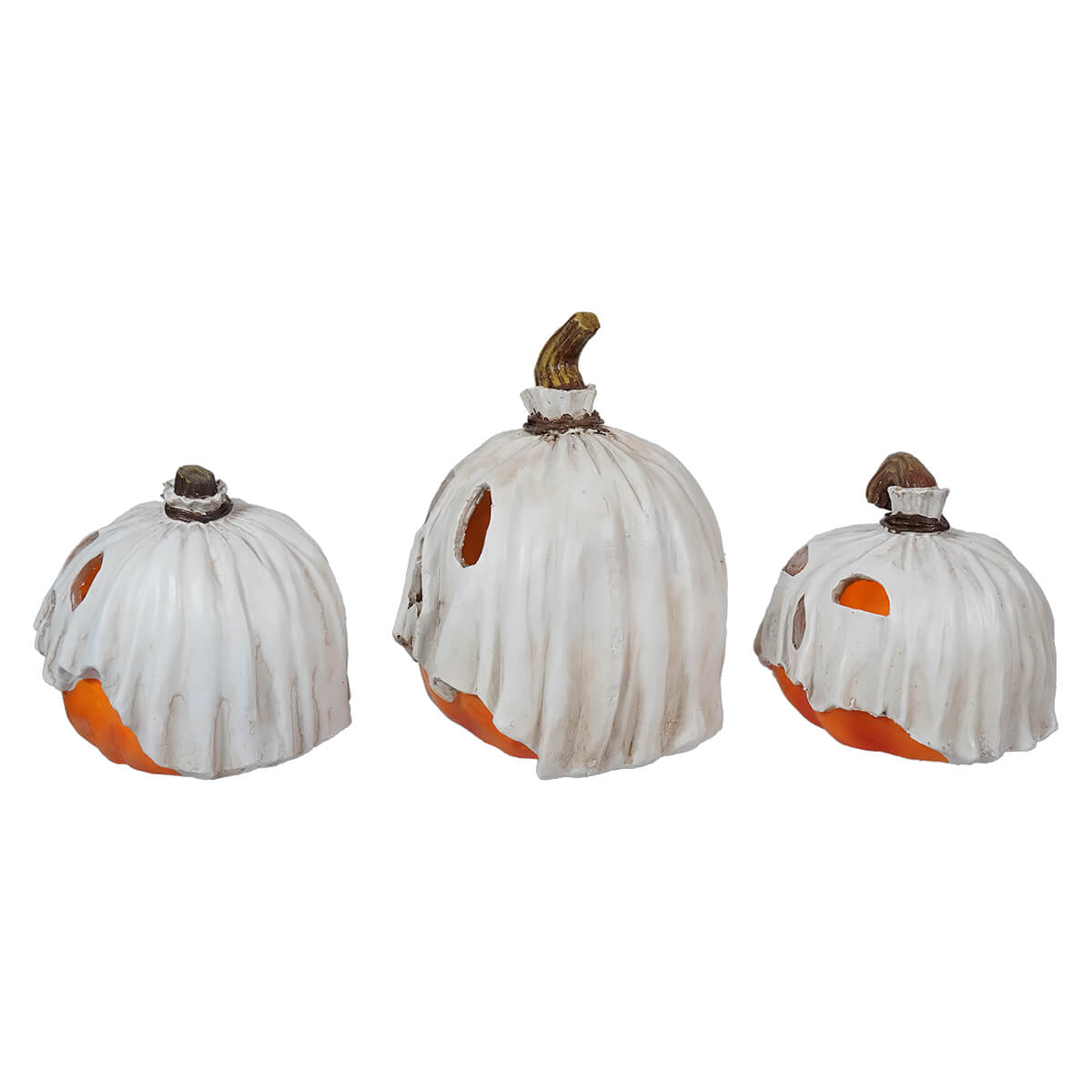 Three white ceramic pumpkins with orange interiors and decorative stems.