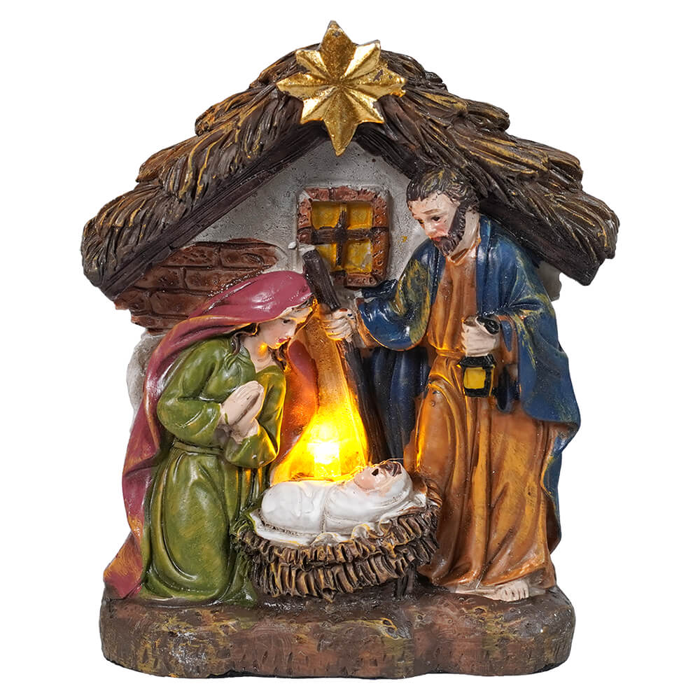 Lighted resin holy family manger scene with multicolored resin holy family figurines on wooden base and illuminated star
