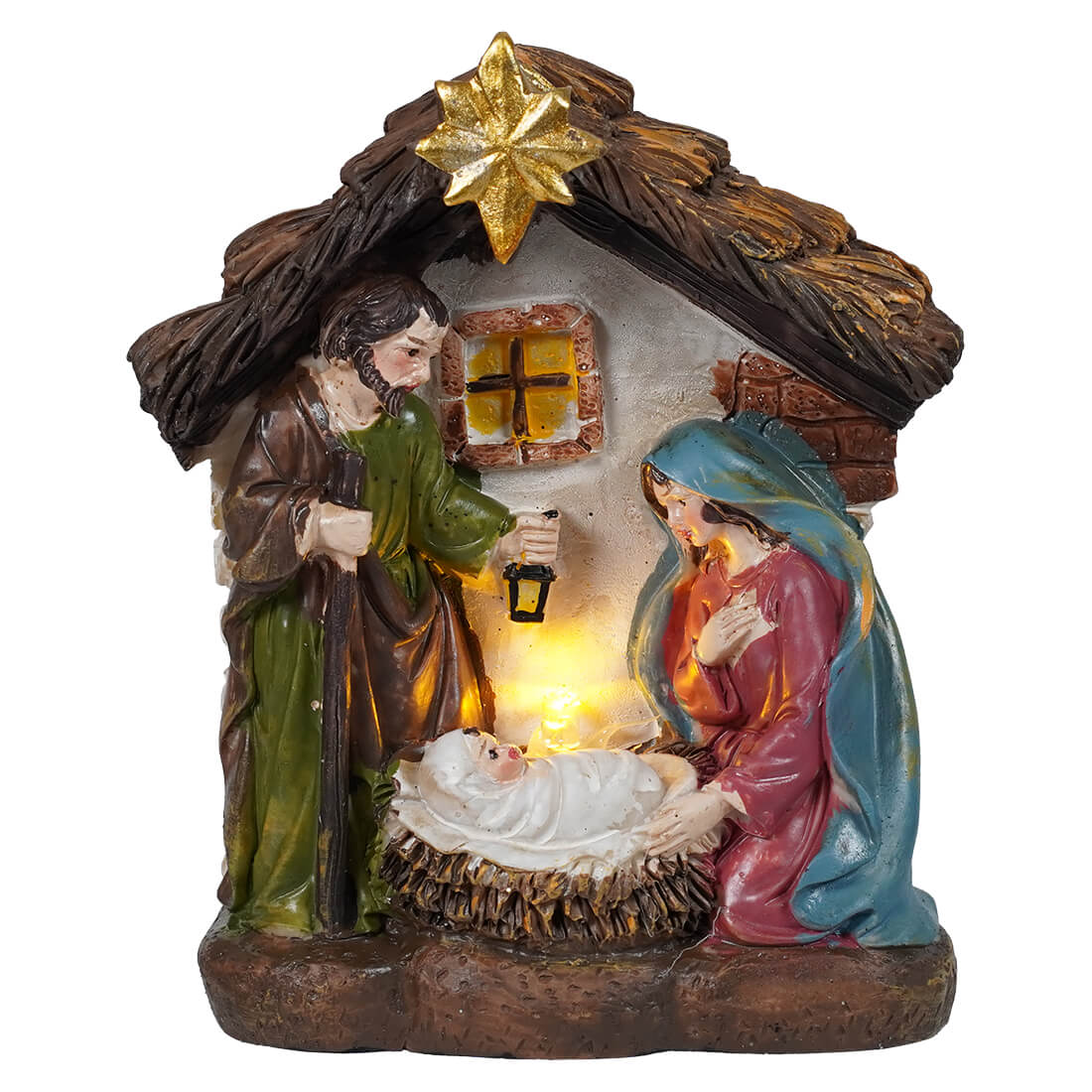 Lighted resin holy family manger scene with illuminated star, brown roof, green robe, pink dress, and white baby figure
