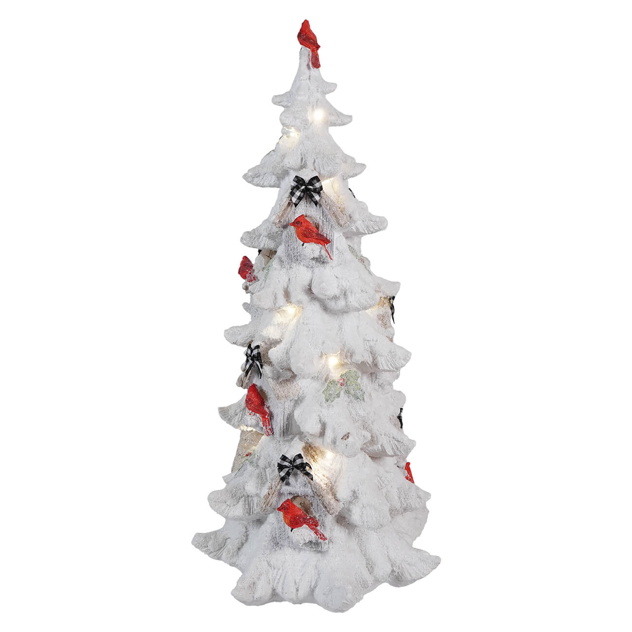 White flocked Christmas tree decorated with red cardinals and small lights.