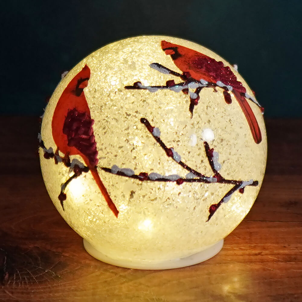 Lighted Snowy Glass Cardinals On Branches Globe With Timer - Christmas