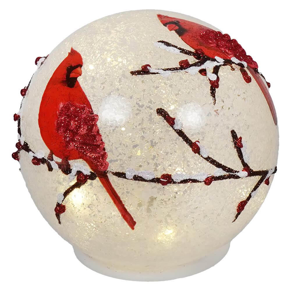 Lighted Snowy Glass Cardinals On Branches Globe With Timer - Christmas