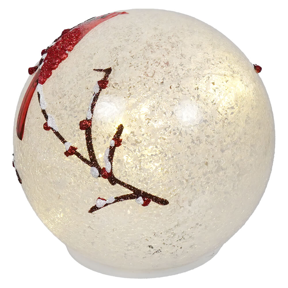 Lighted Snowy Glass Cardinals On Branches Globe With Timer - Christmas