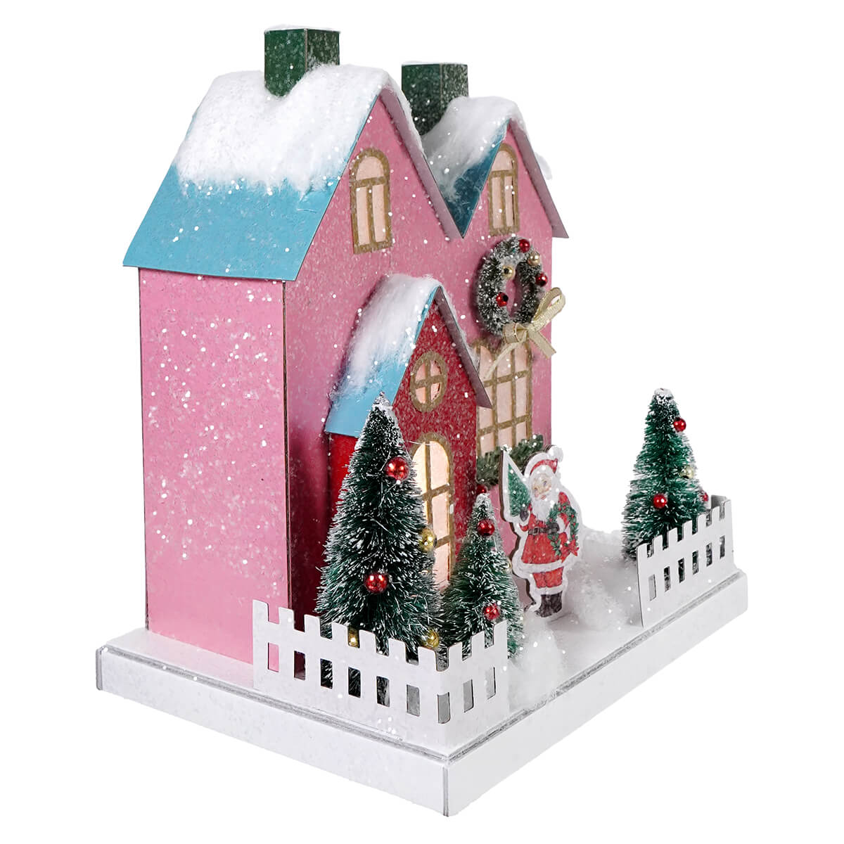 Lighted Snowy Pastel Santa Village House With Timer - Christmas