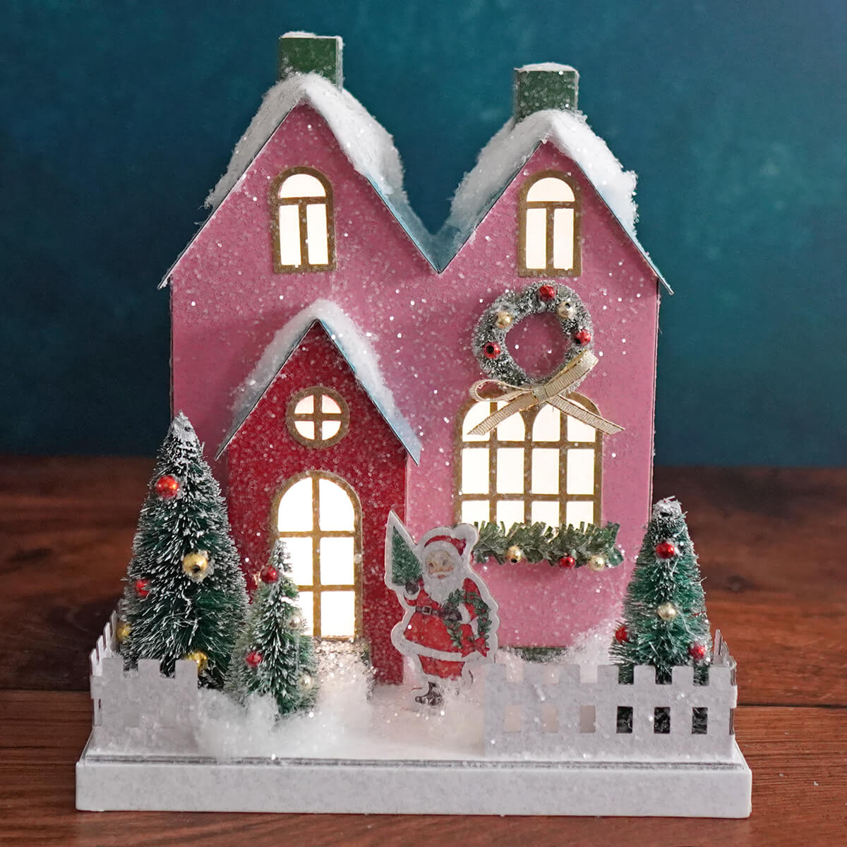 Lighted Snowy Pastel Santa Village House With Timer - Christmas