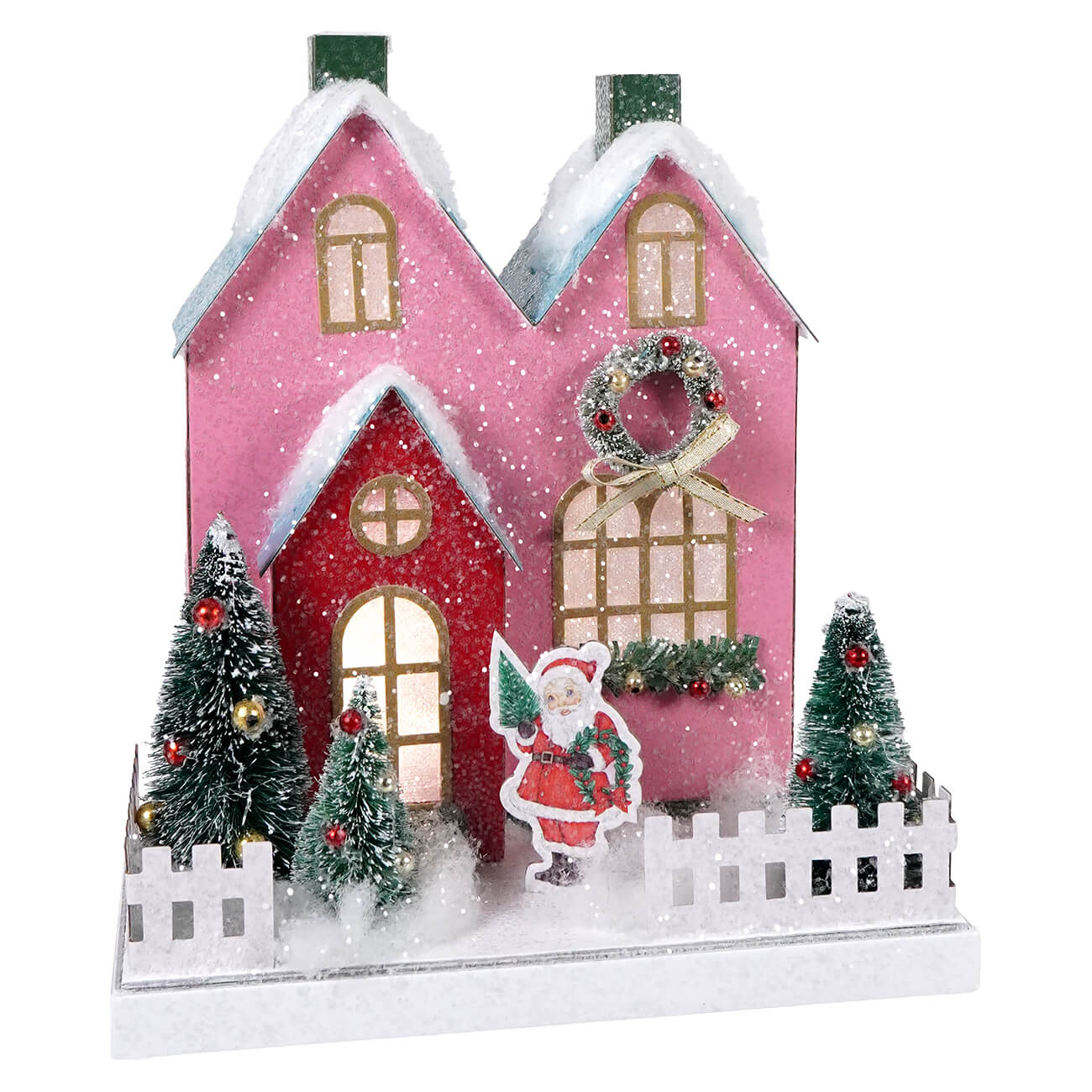 Lighted Snowy Pastel Santa Village House With Timer - Christmas