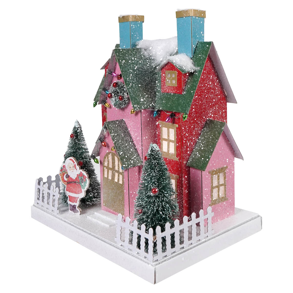 Lighted Snowy Pastel Santa Village House With Timer - Christmas