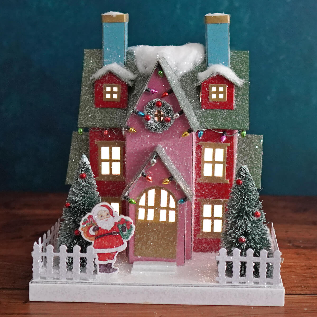 Lighted Snowy Pastel Santa Village House With Timer - Christmas