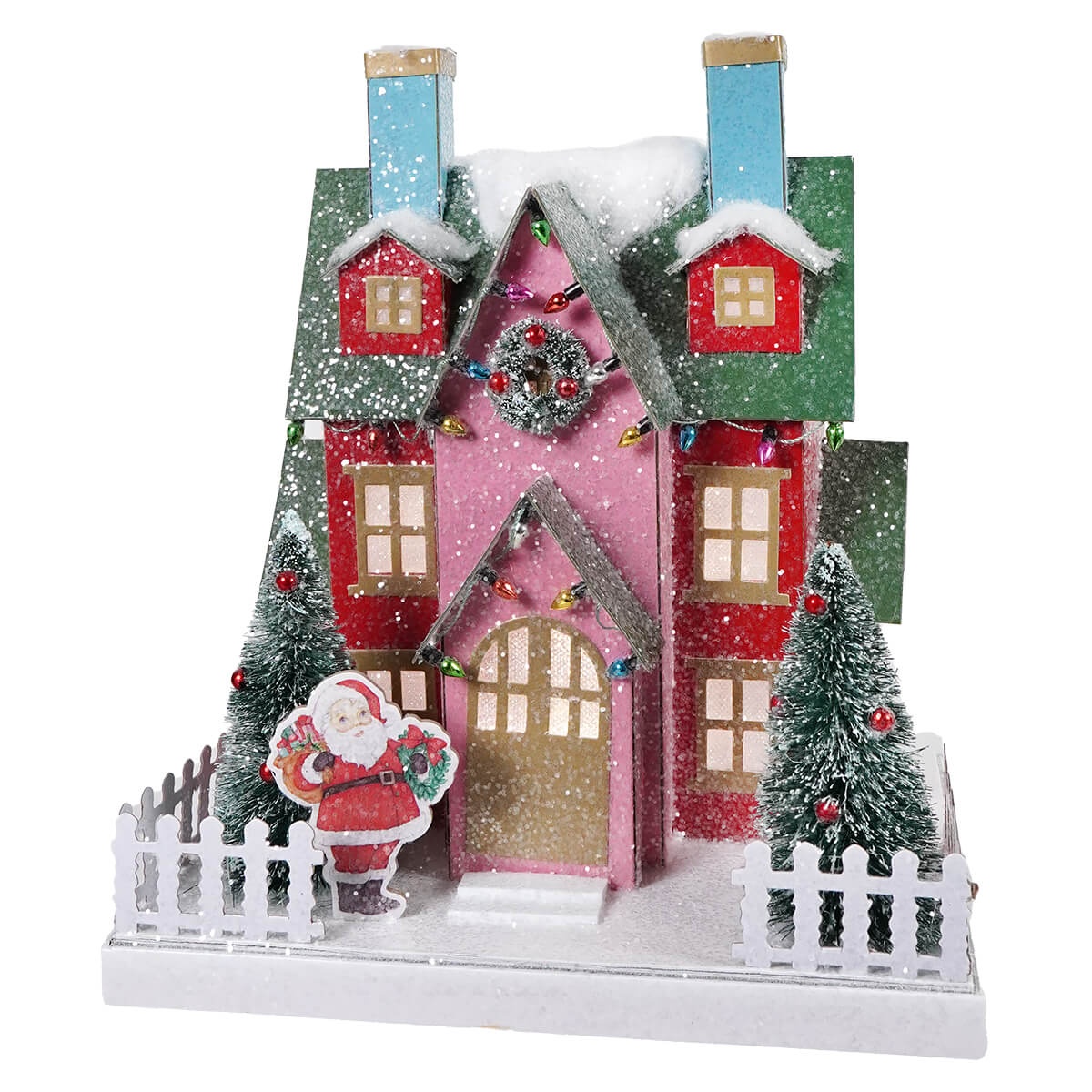 Lighted Snowy Pastel Santa Village House With Timer - Christmas