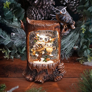 Lighted Spinning Holiday Owl Water Globe - Christmas